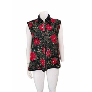 Dressbarn women's 1X vintage poinsettia textured December plant vest black red